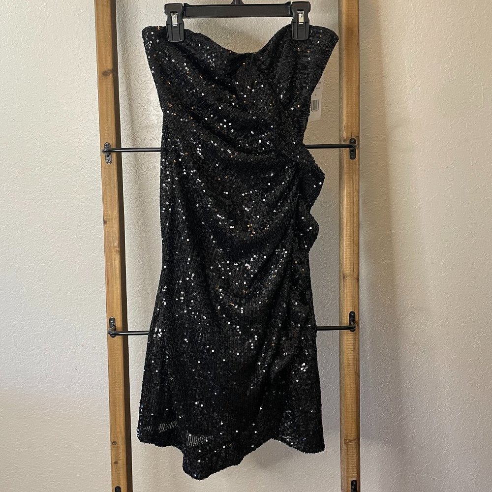 Strapless Black Sequin Ruffle Sheath Dress